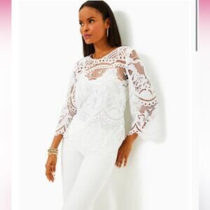 Lilly Pulitzer oaklynn white crochet blouse tropical vacation resort wear summer